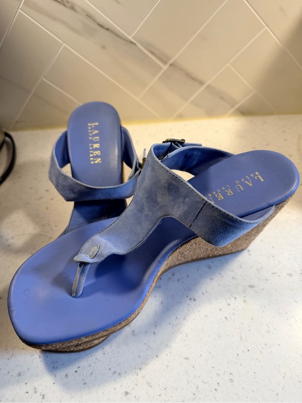 Ralph Lauren Periwinkle Suede Cork Wedge Sandals